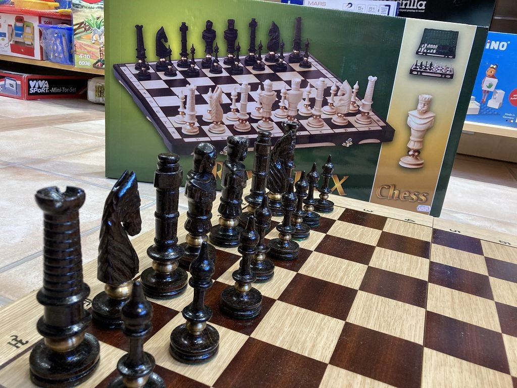 Schachspiel Royal, Eiche, Messing, Groß, Einklappbar Schachbrett